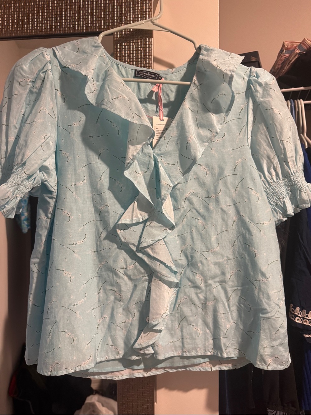 Vineyard Vines Light Blue Ruffle Front Short Sleeve Blouse